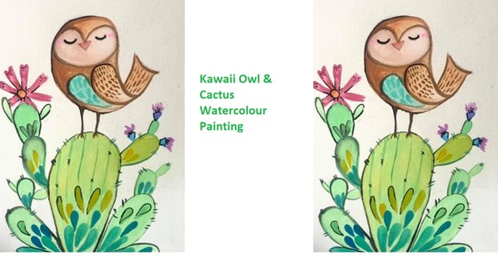 Kawaii Owl and Cactus Watercolour artwork 