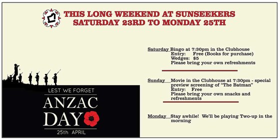 Anzac Day Long Weekend Saturday April 23rd-25th