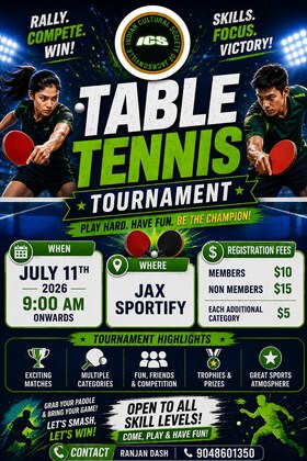 ICS Jacksonville Table Tennis Tournament - July 11, 2026 09:00 AM Onwards