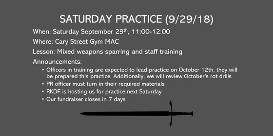 Saturday practice (9/29): mixed weapons and staff training