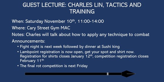 Guest lecture: Charles Lin, Tactics and strategy of adapting technique for combat 