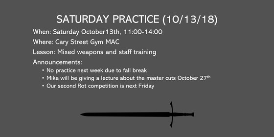 Saturday practice (10/13): Staff training and mixed weapons