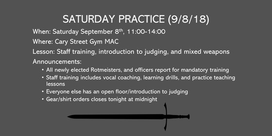 Saturday practice (9/8): Staff/judging training and mixed weapons 