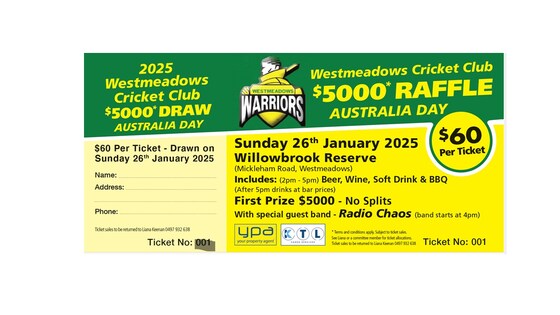 2025 Westmeadows Cricket Club $5000 DRAW AUSTRALIA DAY