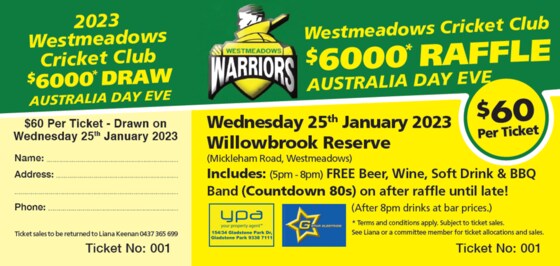 WESTMEADOWS CRICKET CLUB $6K RAFFLE 2023