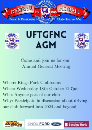 2023 Upper Ferntree Gully Football Netball Club AGM - Wednesday 18th October at 7pm